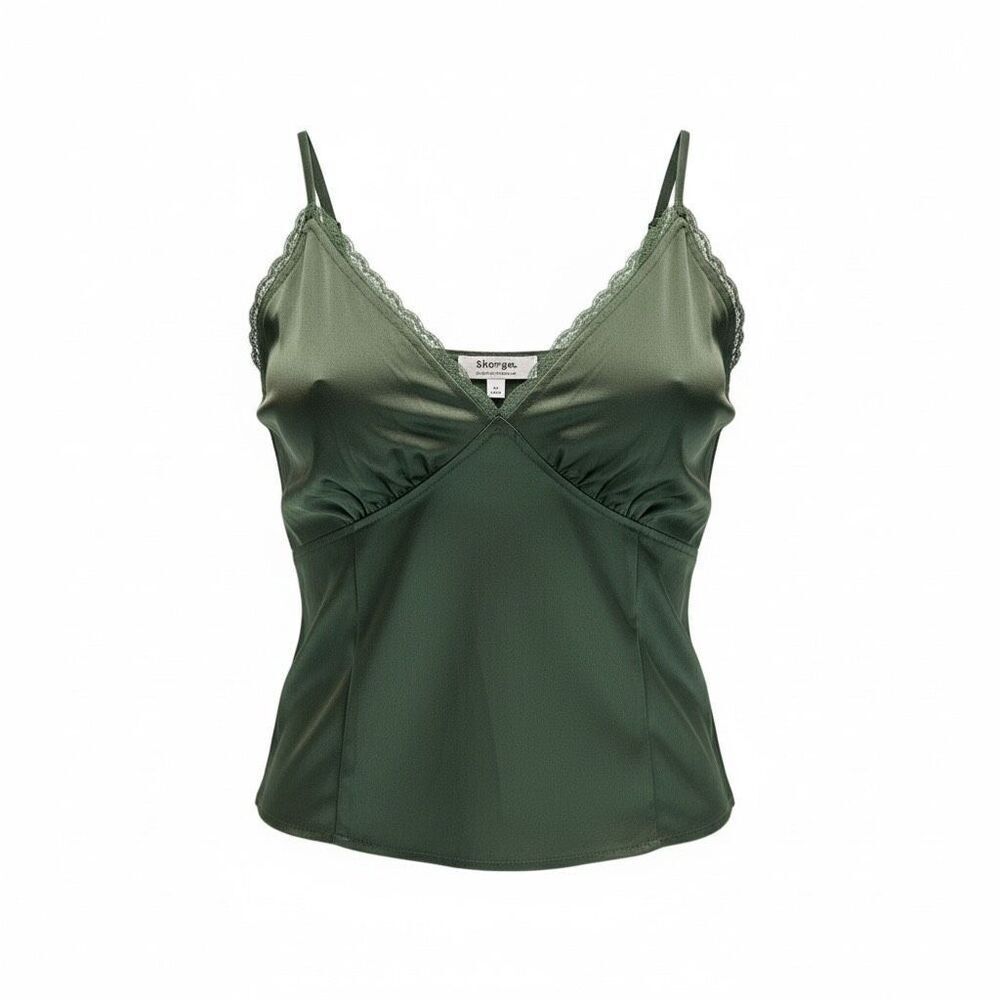 Venus Green Lace Top L • Deep V Plunge • Nude Lining • Romantic / Boho / Y2K